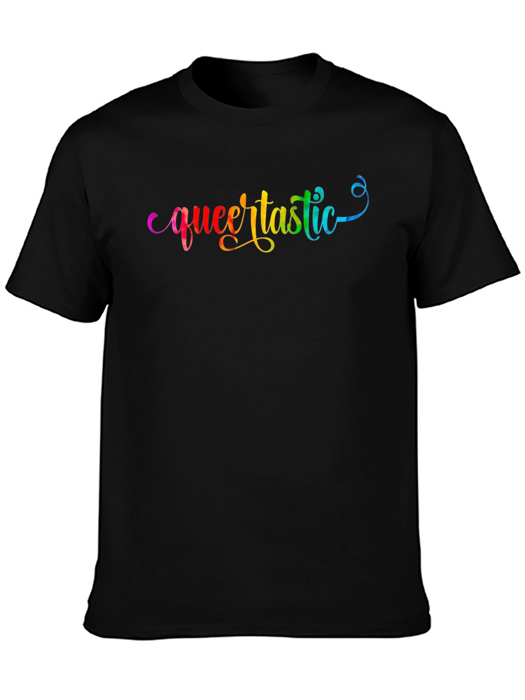 Queertastic Black T-Shirt - Pride Rainbow Text