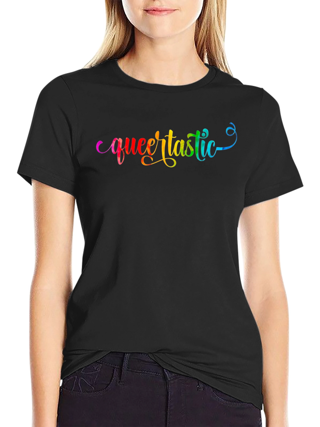 Queertastic Black T-Shirt - Pride Rainbow Text