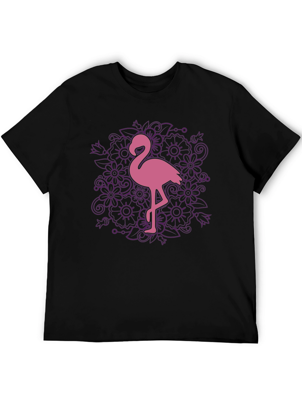 Floral Flamingo Graphic Tee - Black Cotton T-Shirt