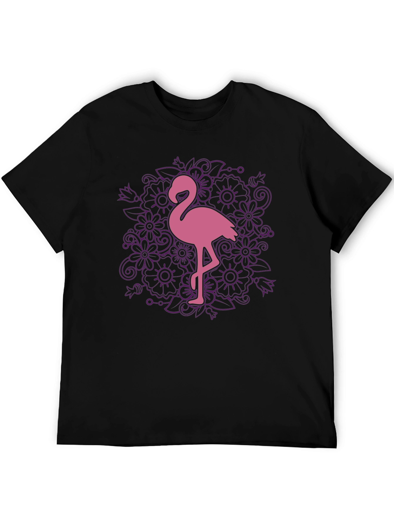 Floral Flamingo Graphic Tee - Black Cotton T-Shirt