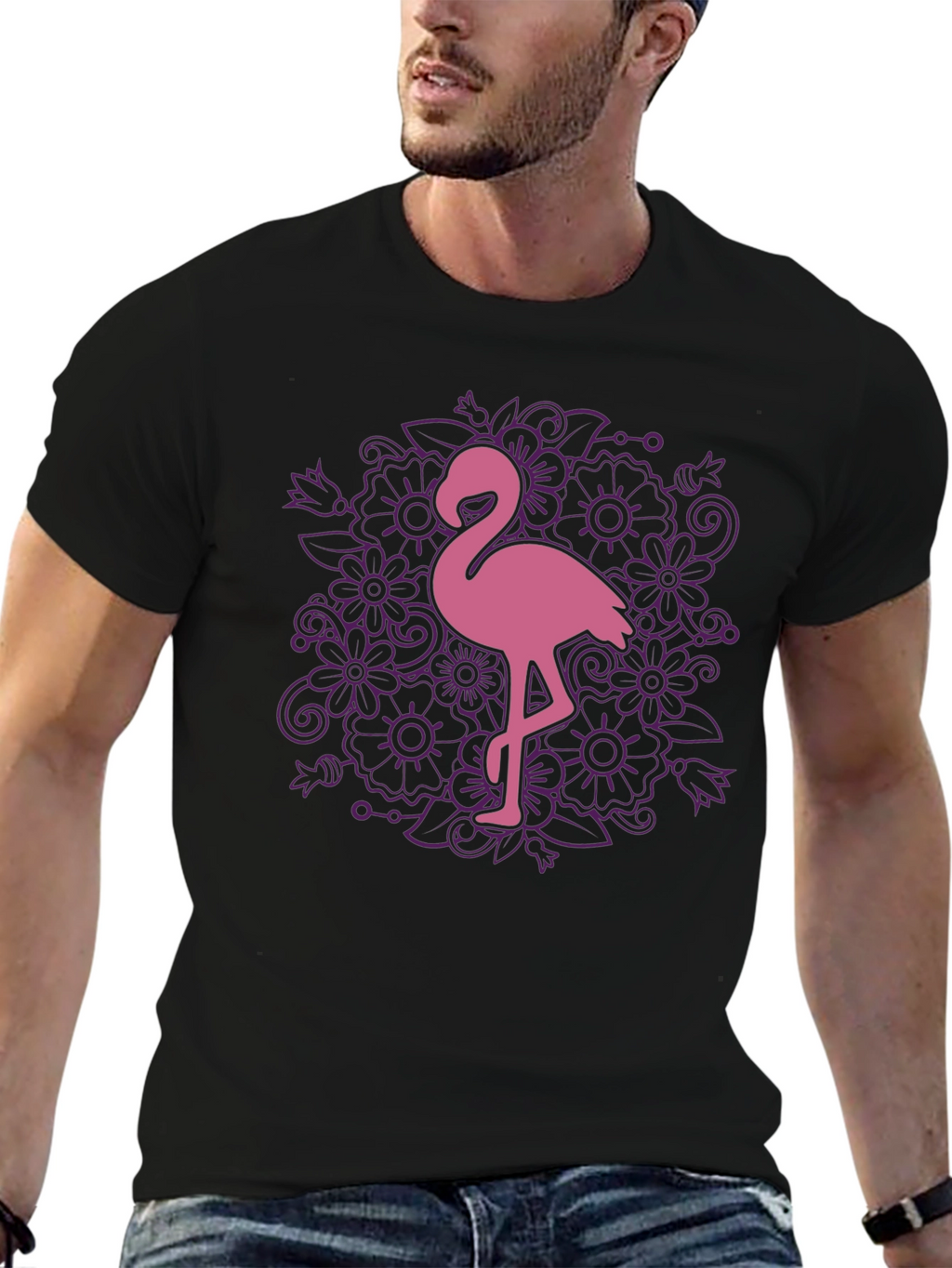 Floral Flamingo Graphic Tee - Black Cotton T-Shirt