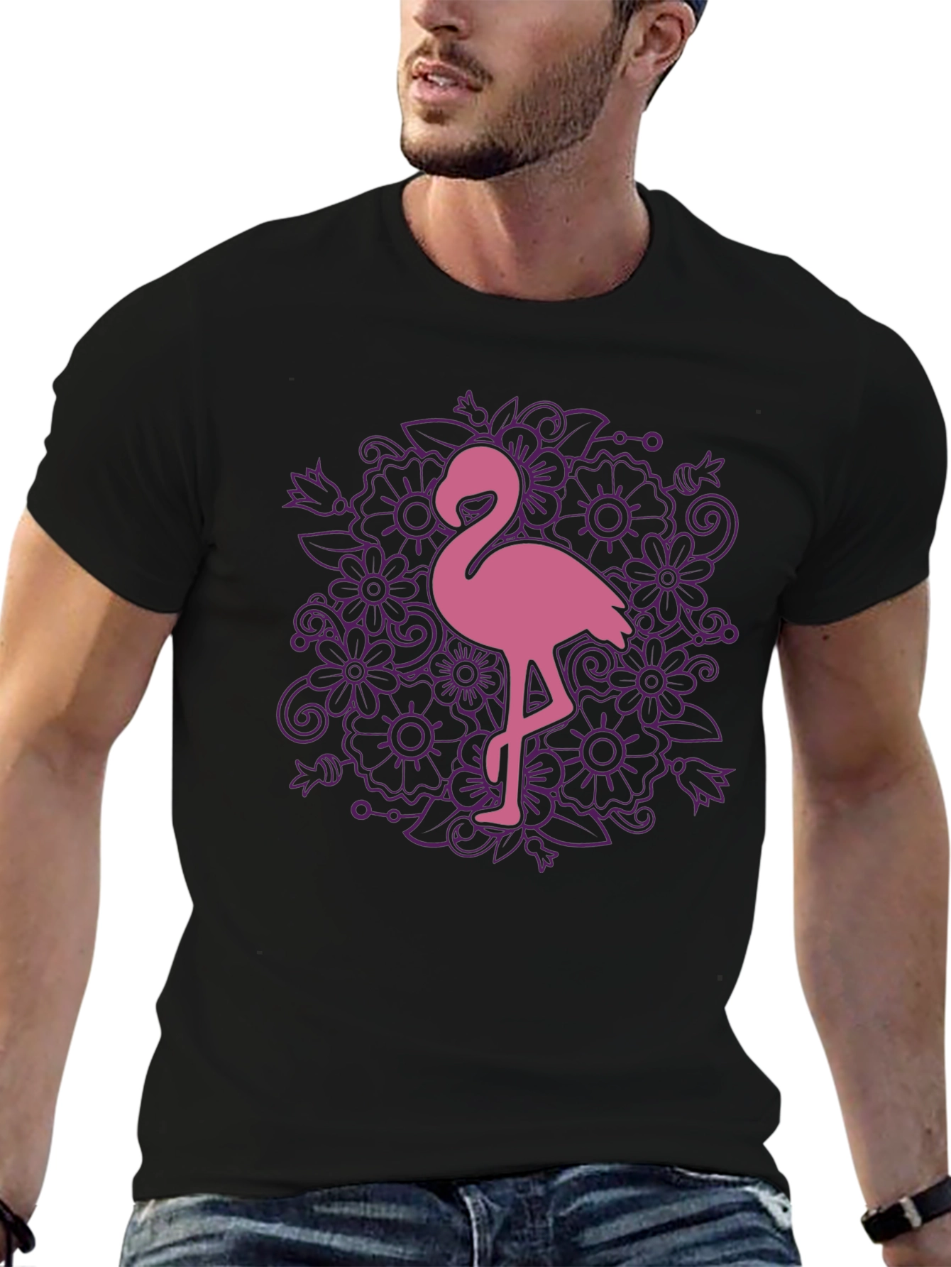 Floral Flamingo Graphic Tee - Black Cotton T-Shirt