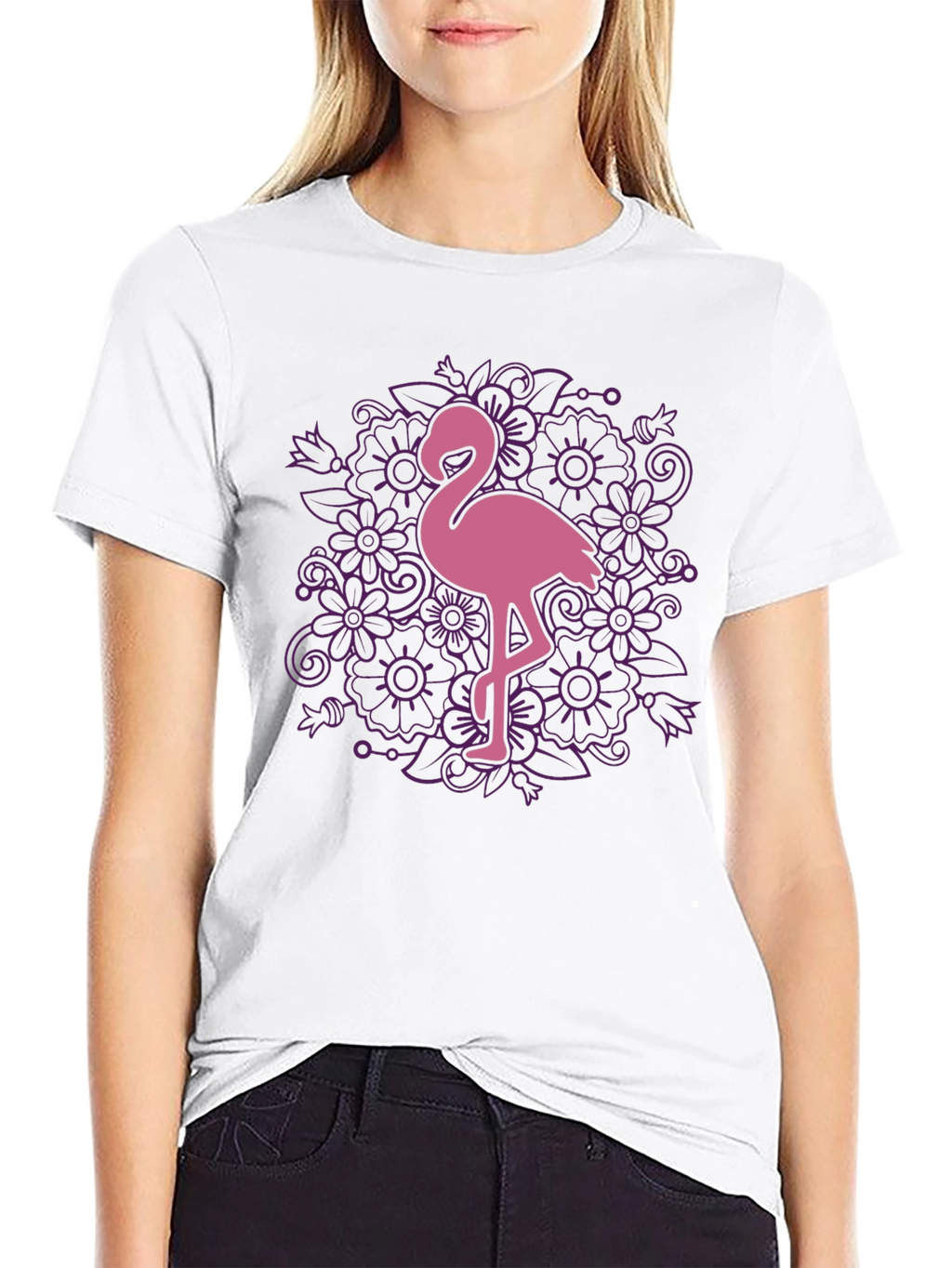Floral Flamingo Graphic Tee - Black Cotton T-Shirt
