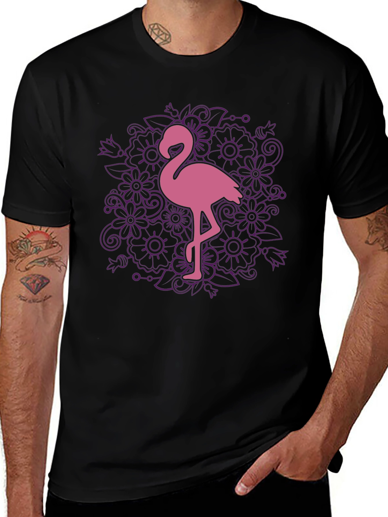 Floral Flamingo Graphic Tee - Black Cotton T-Shirt