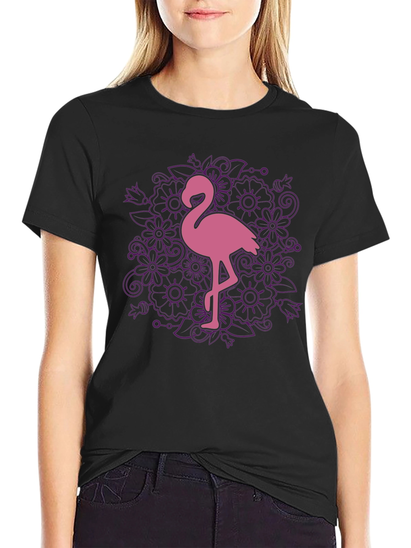 Floral Flamingo Graphic Tee - Black Cotton T-Shirt