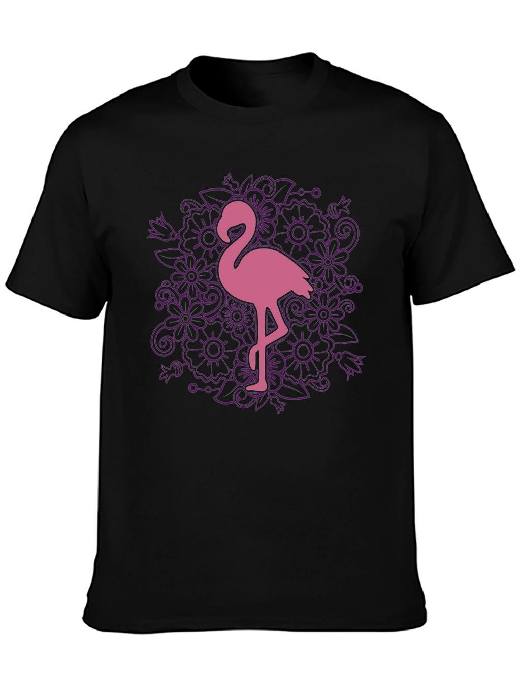 Floral Flamingo Graphic Tee - Black Cotton T-Shirt