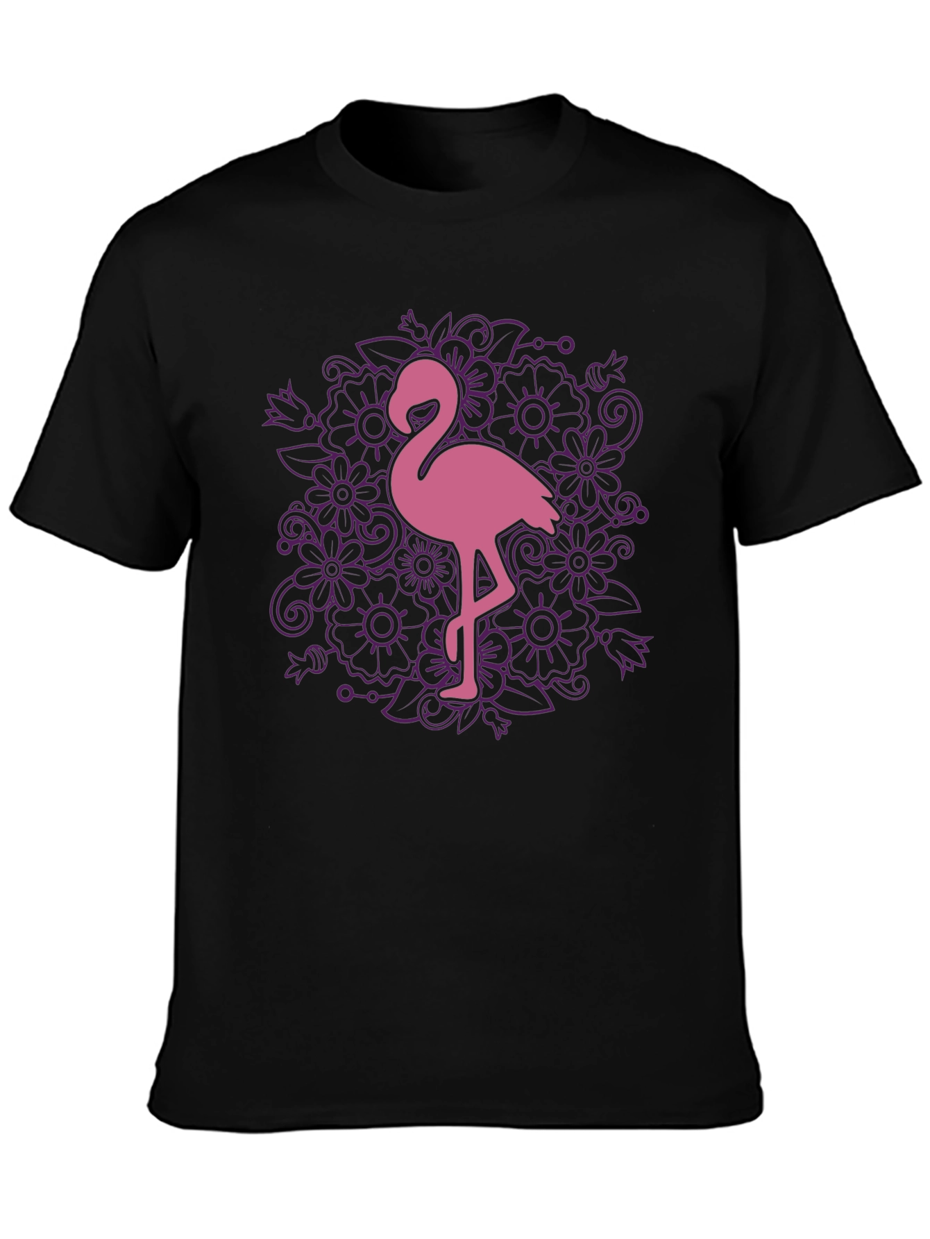 Floral Flamingo Graphic Tee - Black Cotton T-Shirt