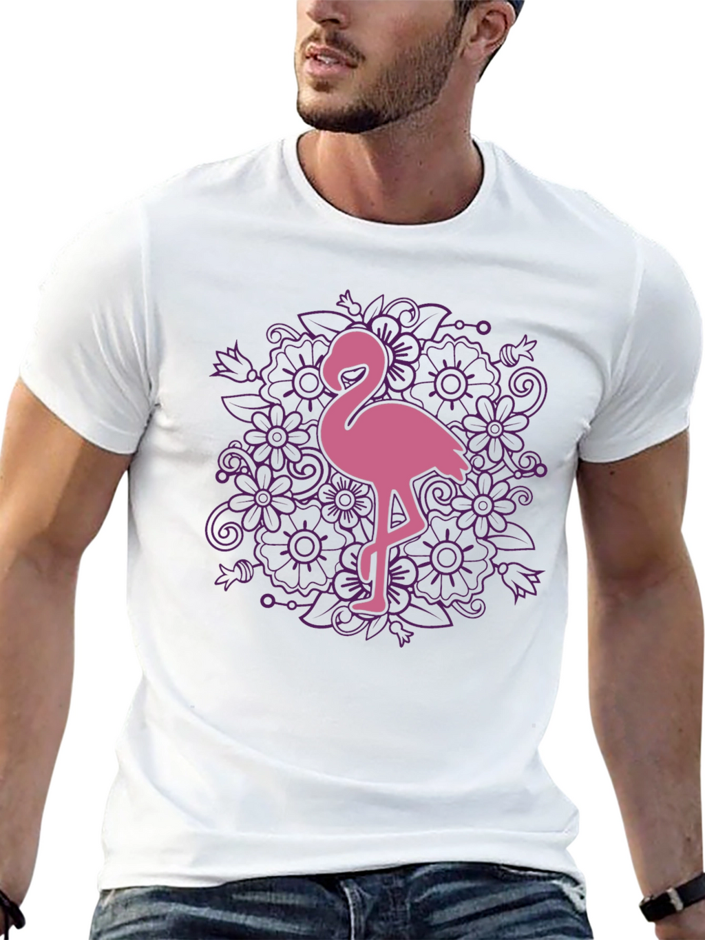 Floral Flamingo Graphic Tee - Black Cotton T-Shirt