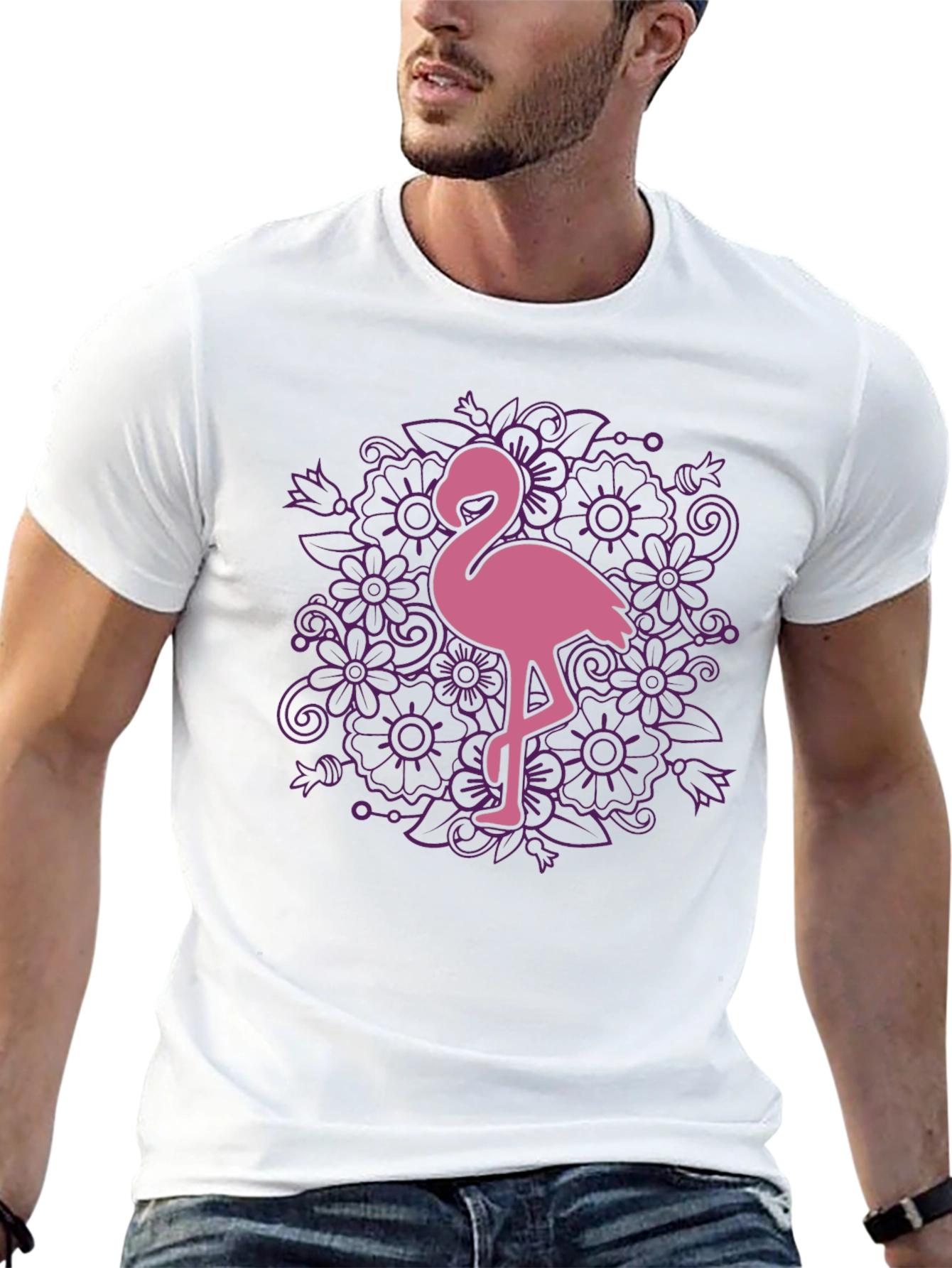 Floral Flamingo Graphic Tee - Black Cotton T-Shirt