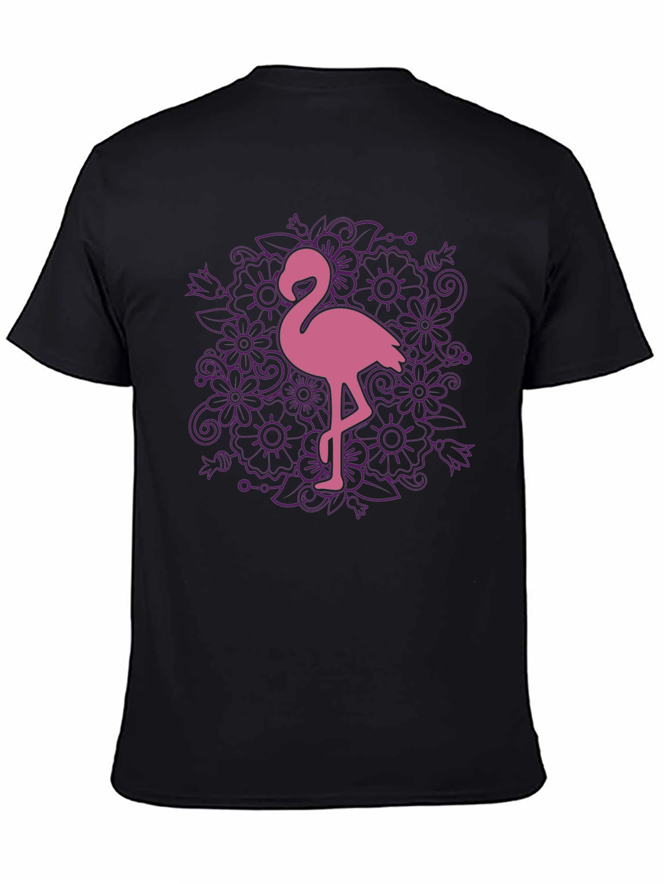 Floral Flamingo Graphic Tee - Black Cotton T-Shirt