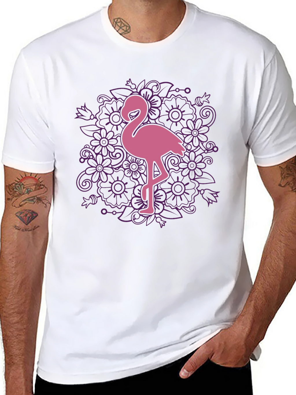 Floral Flamingo Graphic Tee - Black Cotton T-Shirt