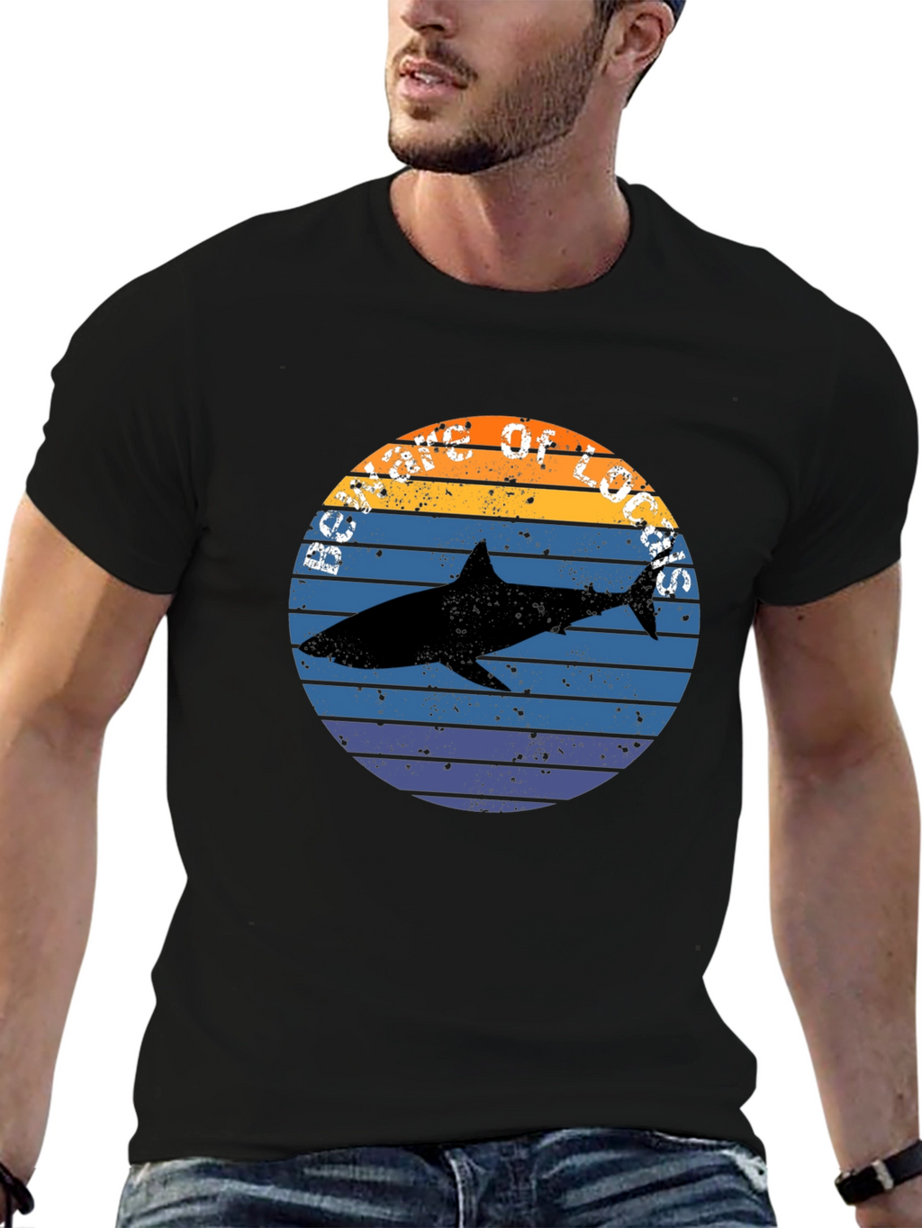 Retro Shark Sunset Graphic Tee - Black