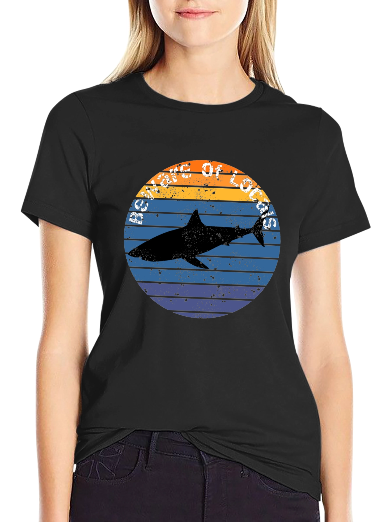 Retro Shark Sunset Graphic Tee - Black