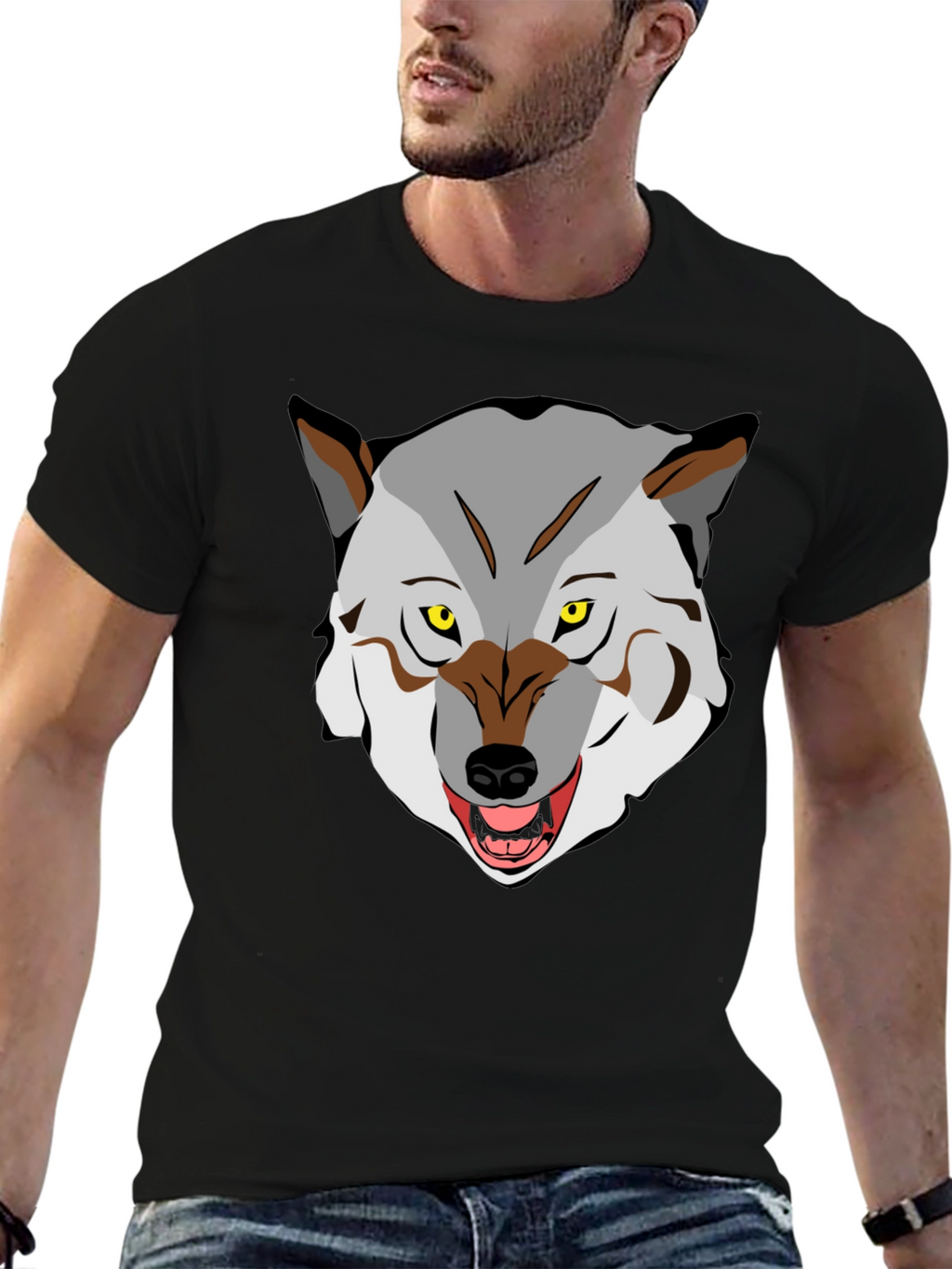 Mens Graphic T-Shirt - Wolf Face Print Black