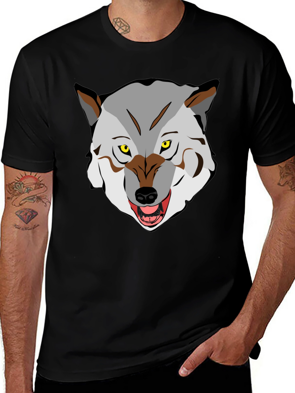 Mens Graphic T-Shirt - Wolf Face Print Black