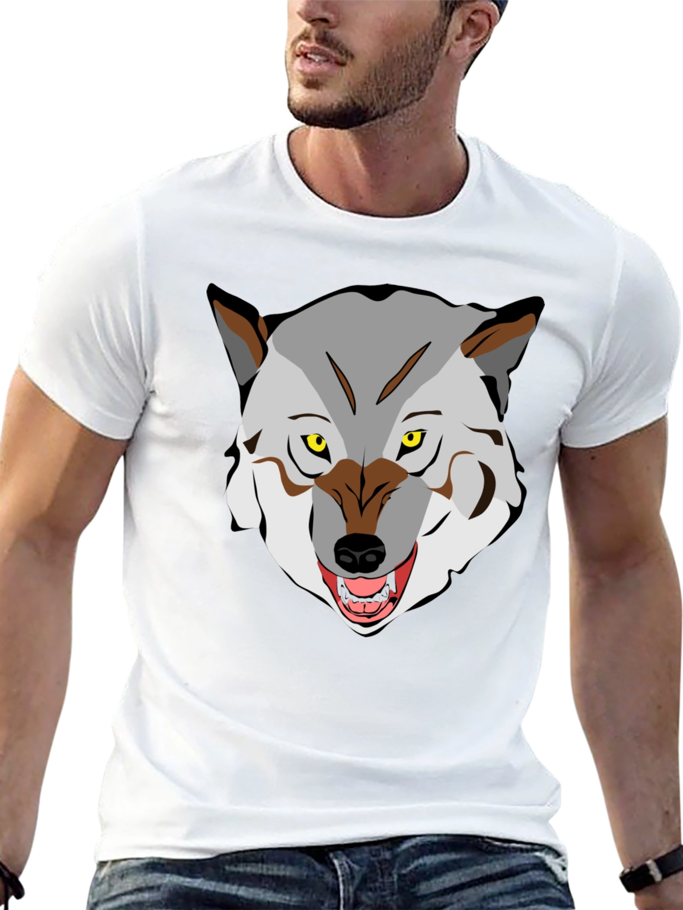 Mens Graphic T-Shirt - Wolf Face Print Black