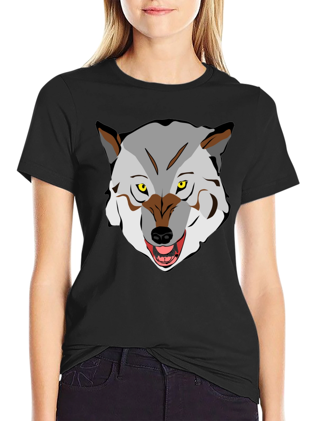Mens Graphic T-Shirt - Wolf Face Print Black