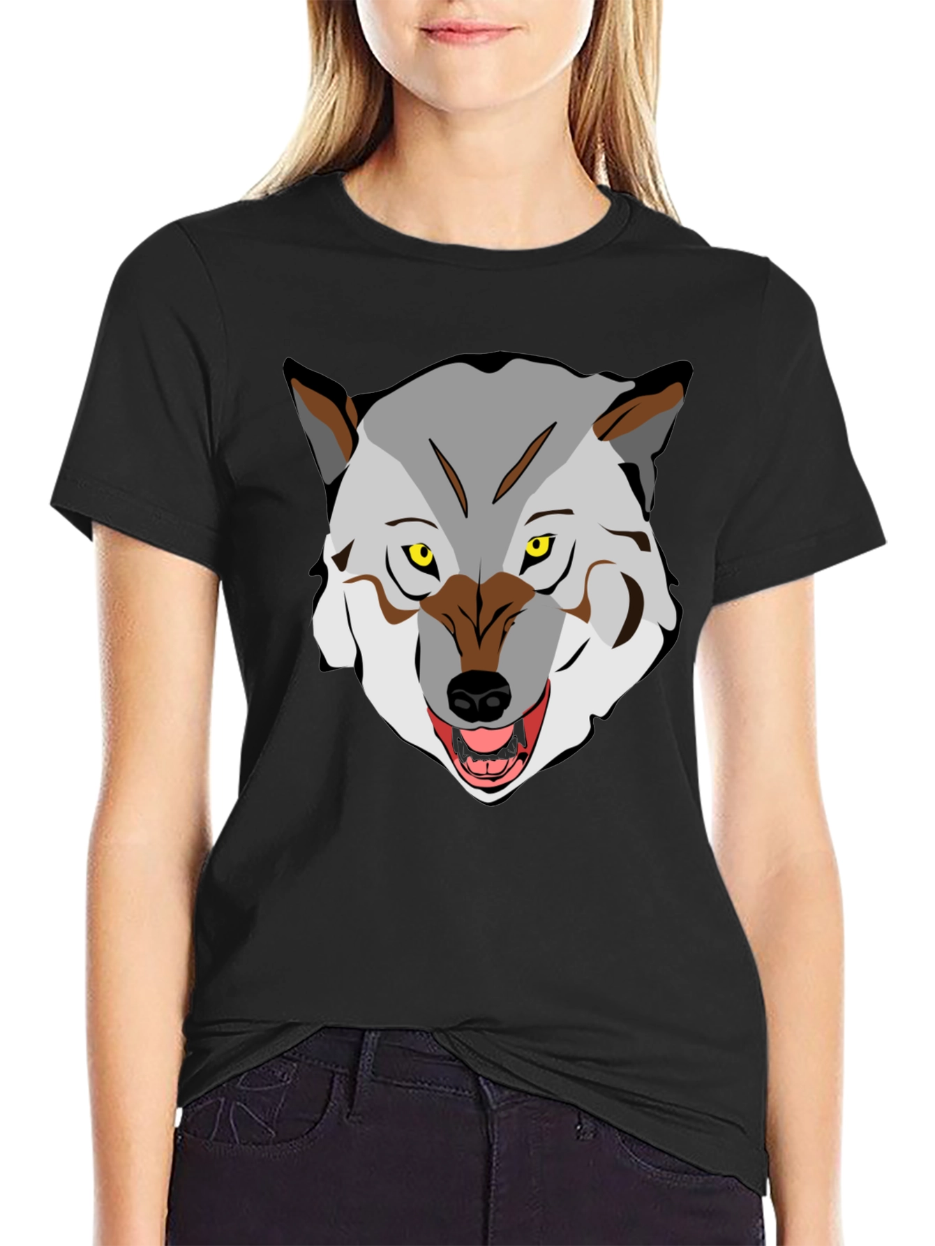 Mens Graphic T-Shirt - Wolf Face Print Black