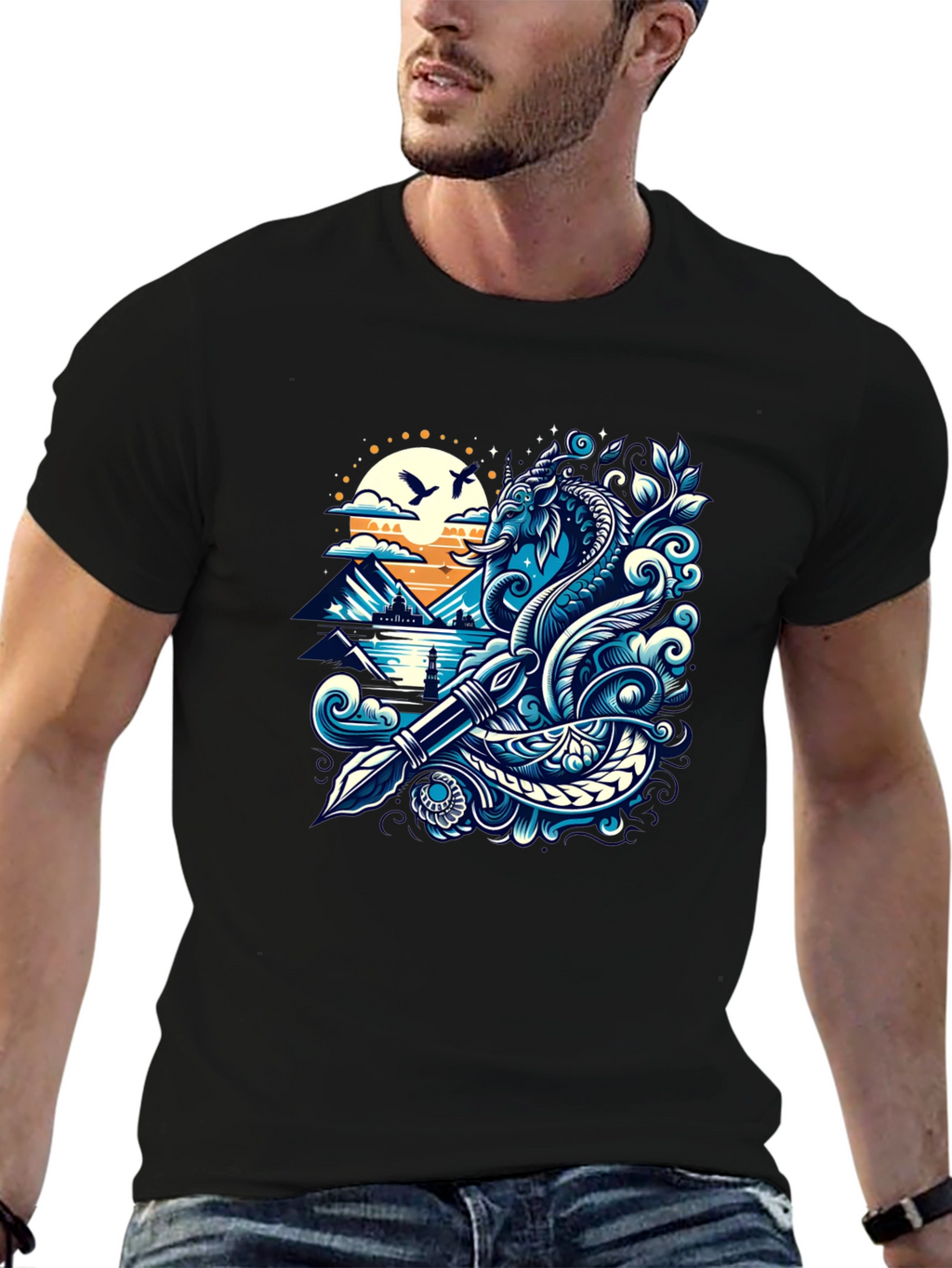 Artistic Graphic Tee - Sea Serpent and Quill Design