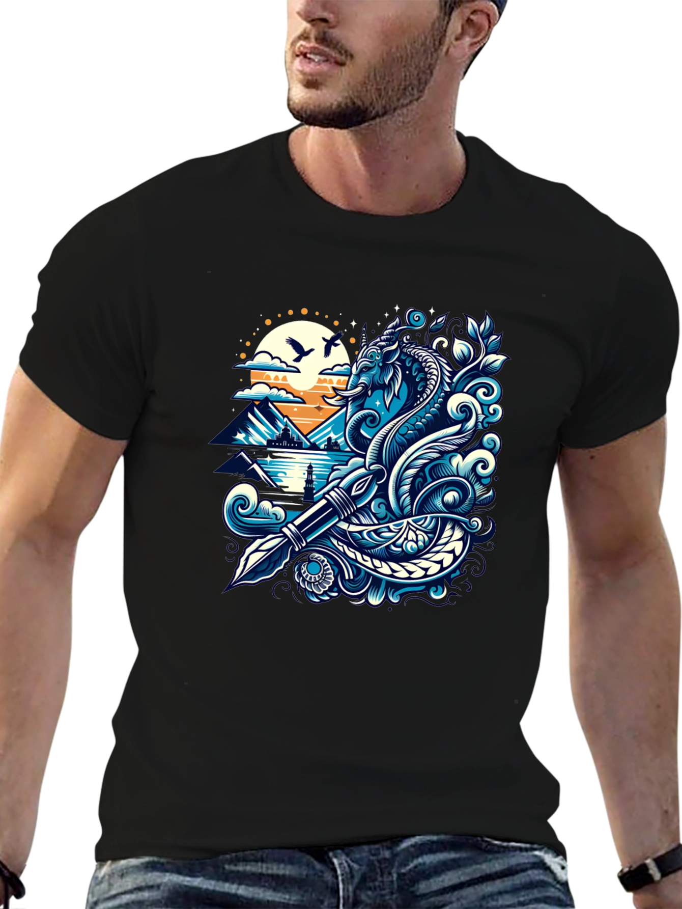 Artistic Graphic Tee - Sea Serpent and Quill Design