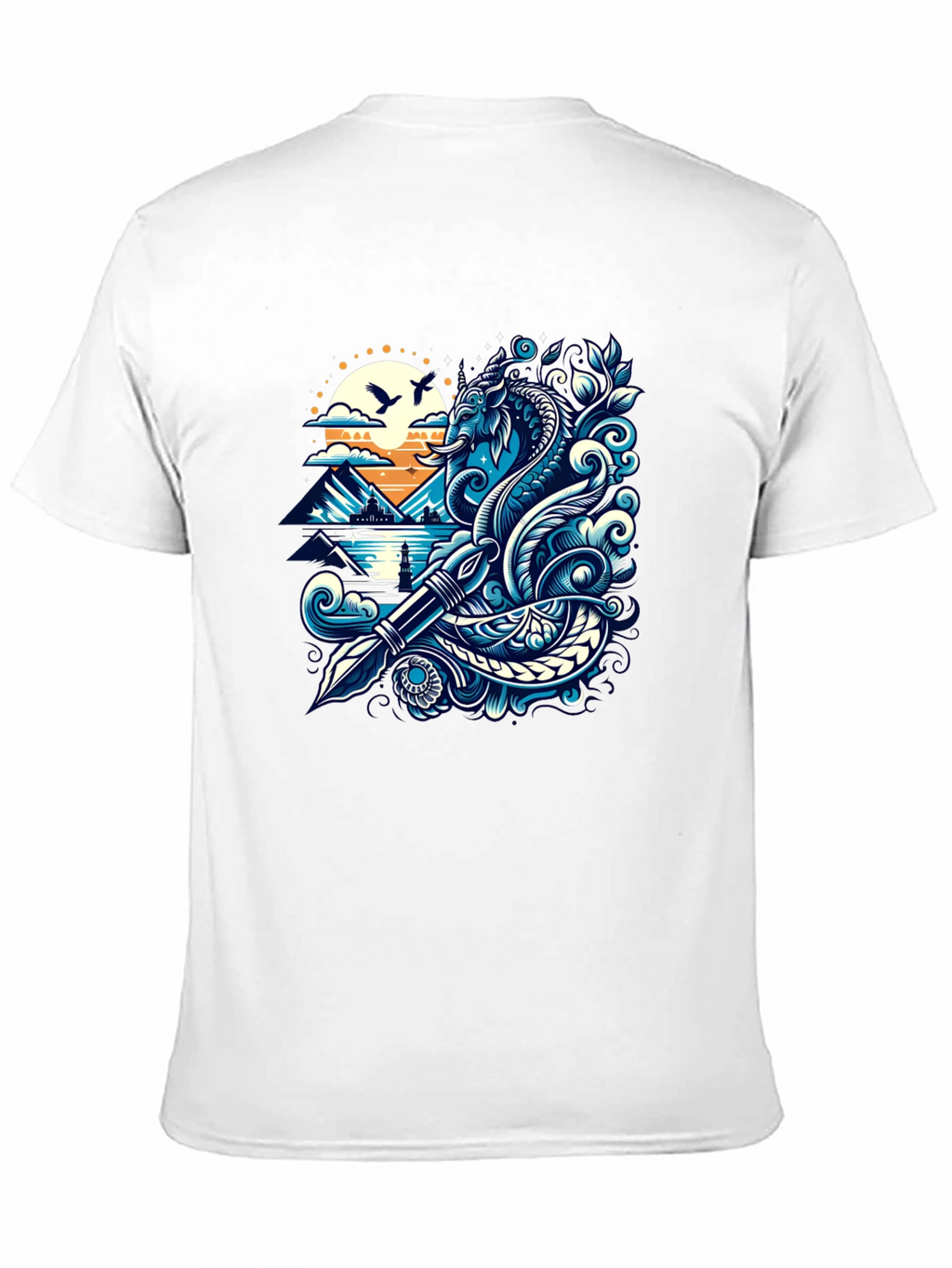 Artistic Graphic Tee - Sea Serpent and Quill Design