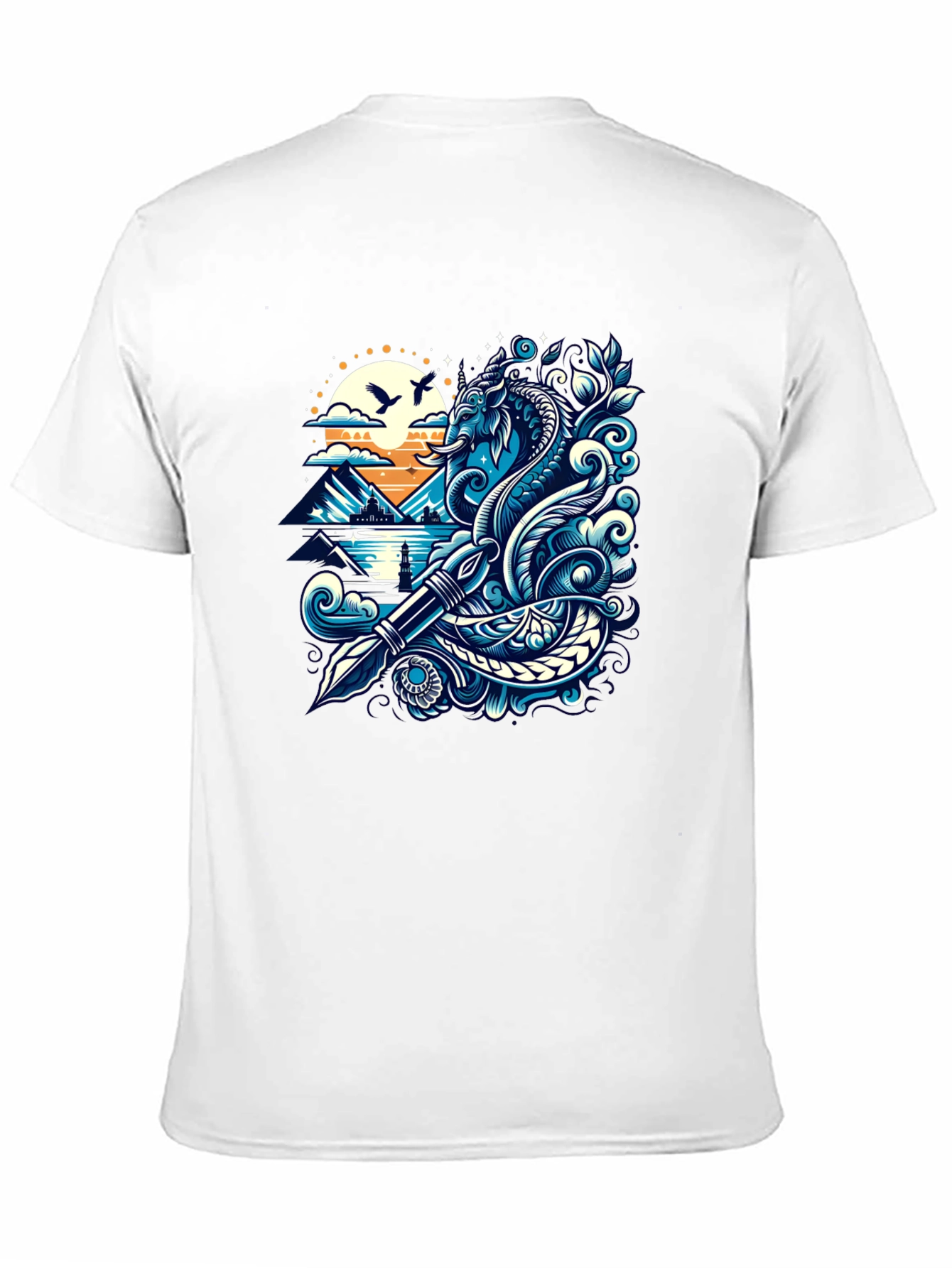 Artistic Graphic Tee - Sea Serpent and Quill Design