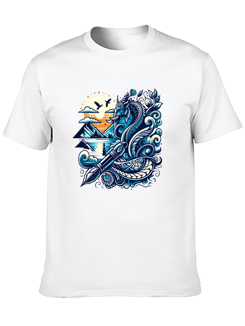 Artistic Graphic Tee - Sea Serpent and Quill Design