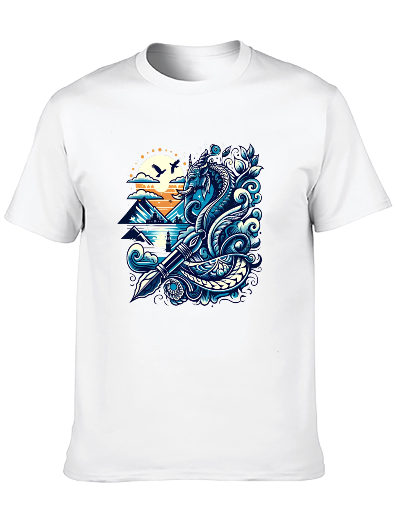 Artistic Graphic Tee - Sea Serpent and Quill Design