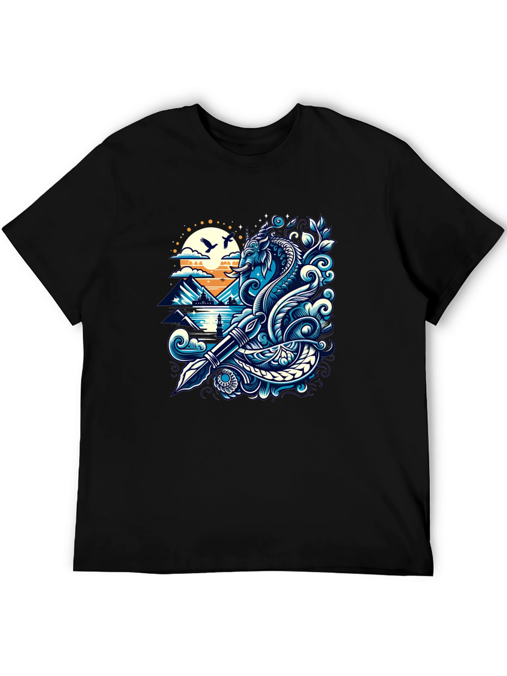 Artistic Graphic Tee - Sea Serpent and Quill Design