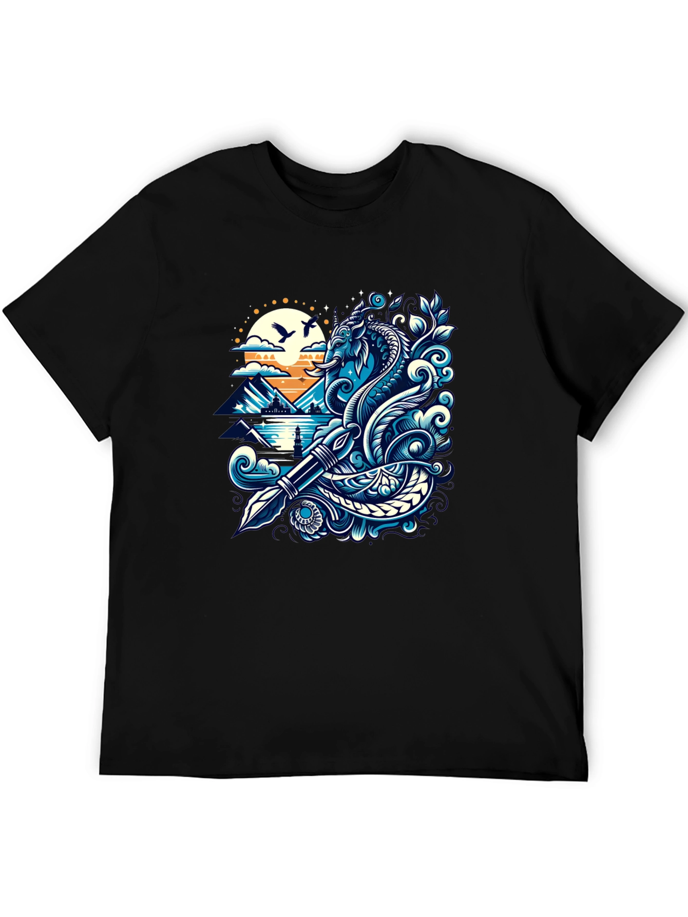 Artistic Graphic Tee - Sea Serpent and Quill Design