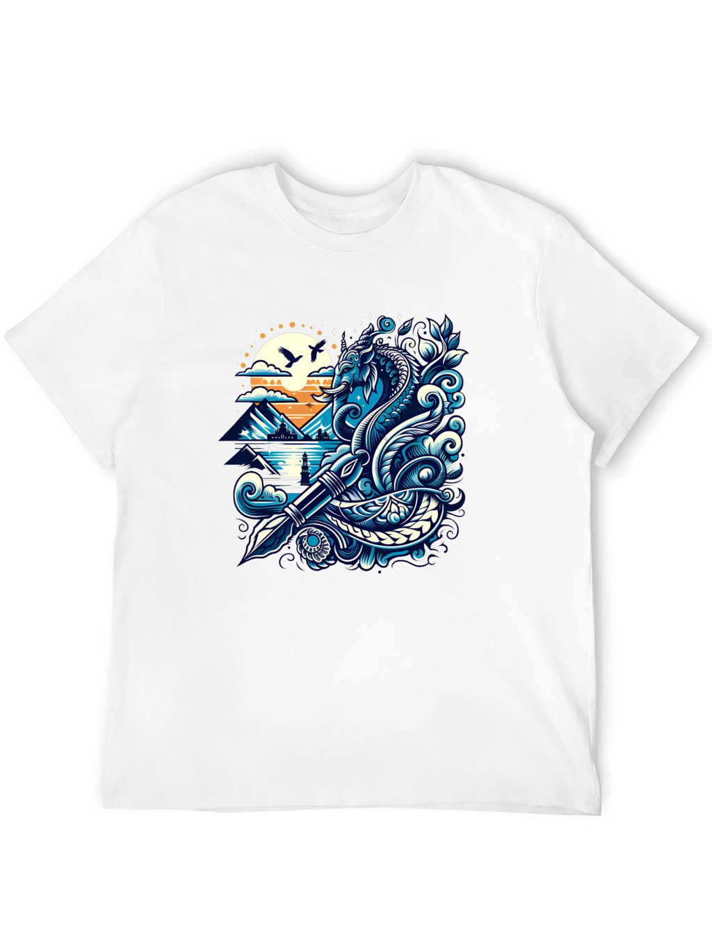 Artistic Graphic Tee - Sea Serpent and Quill Design