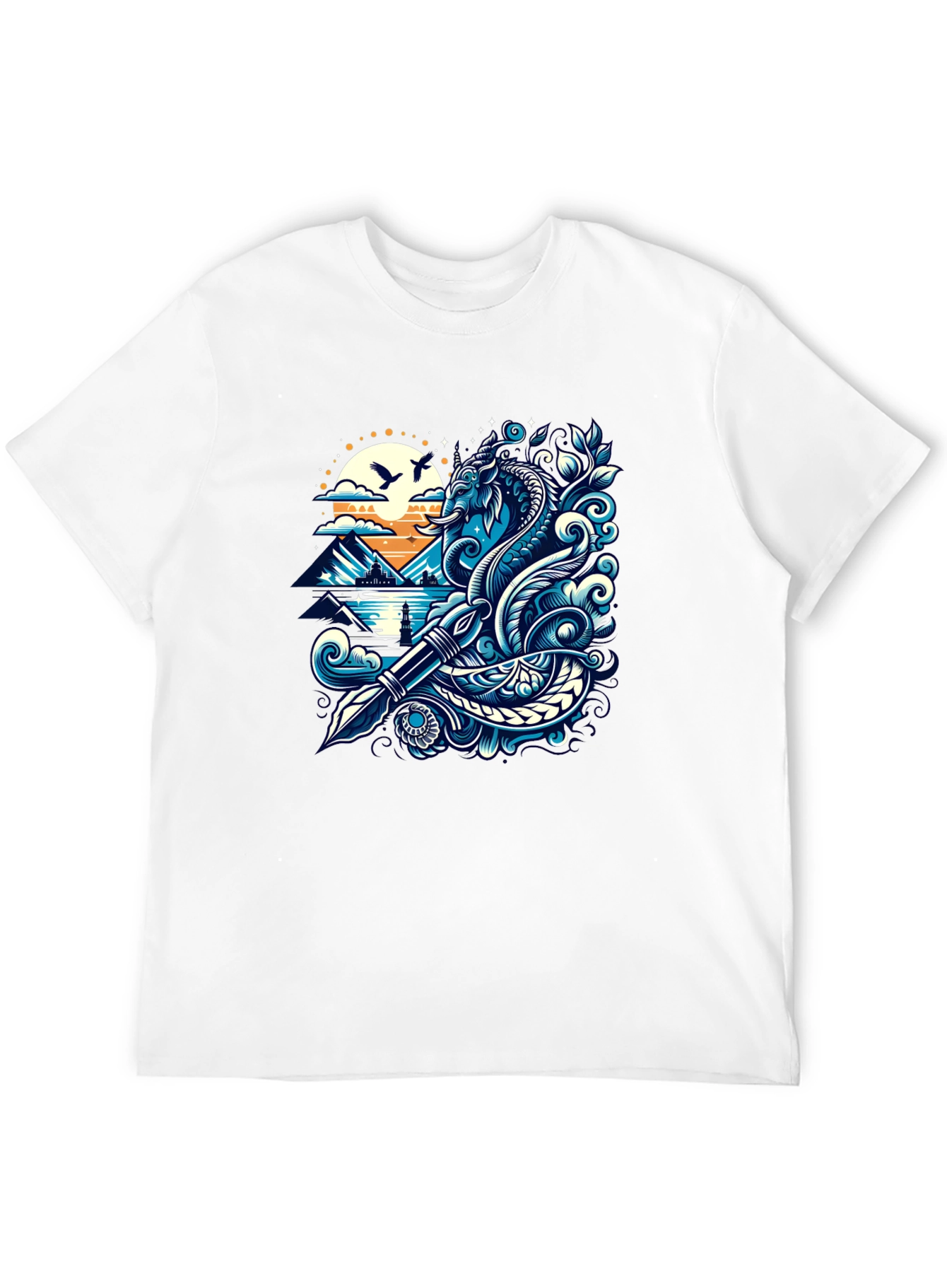 Artistic Graphic Tee - Sea Serpent and Quill Design