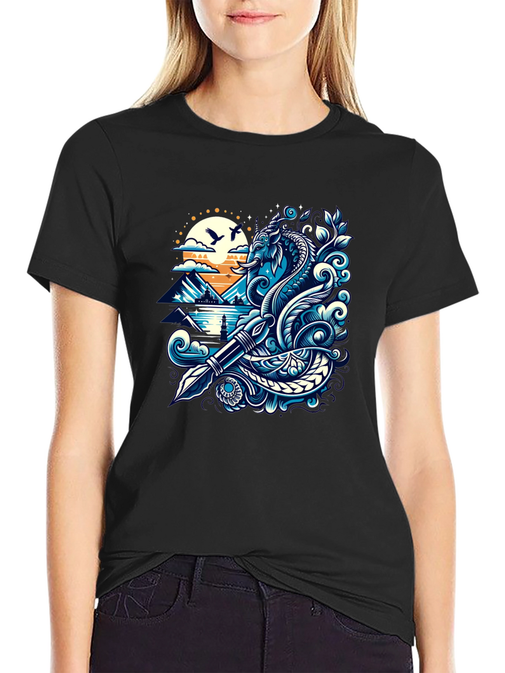 Artistic Graphic Tee - Sea Serpent and Quill Design