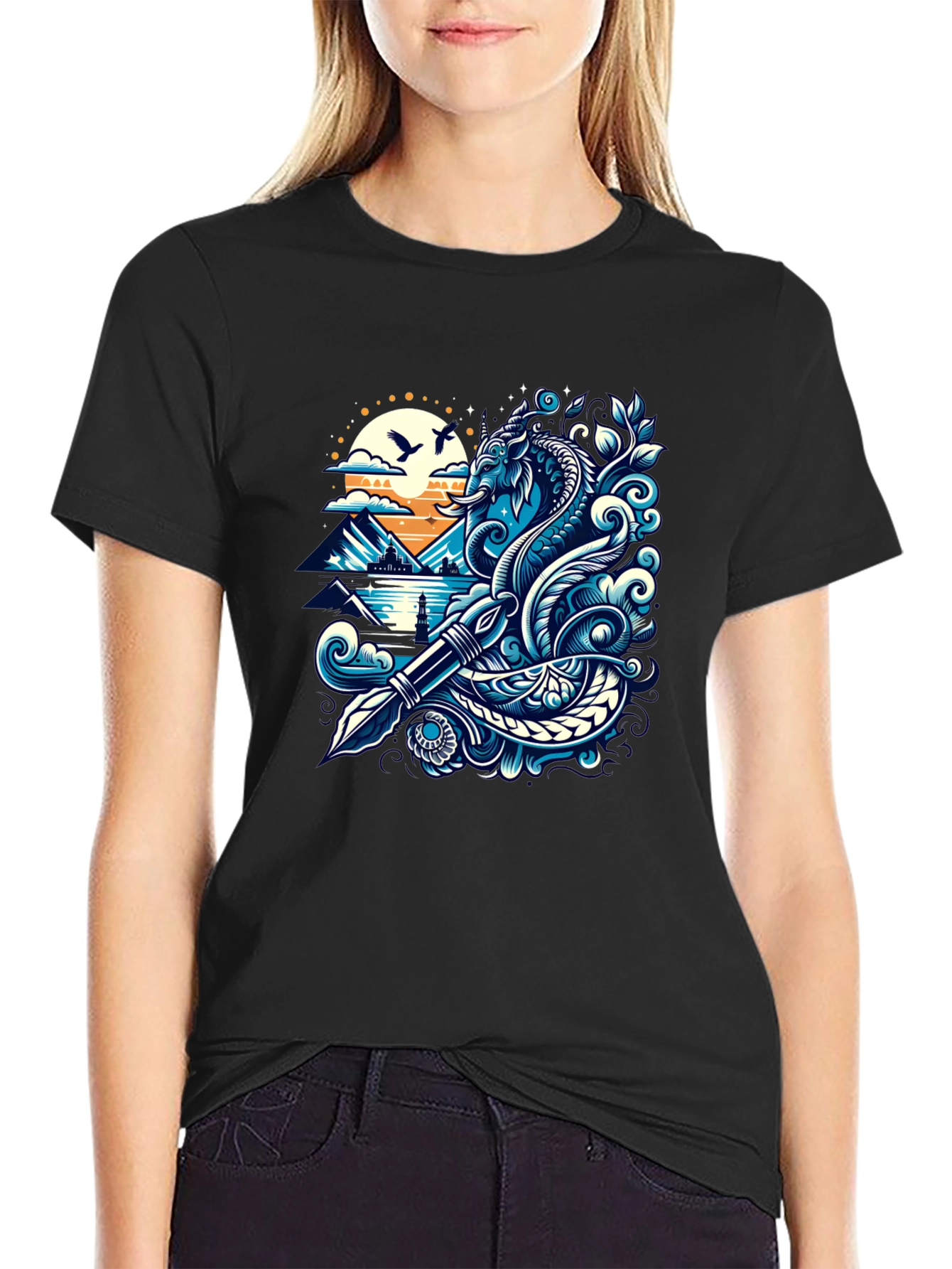Artistic Graphic Tee - Sea Serpent and Quill Design