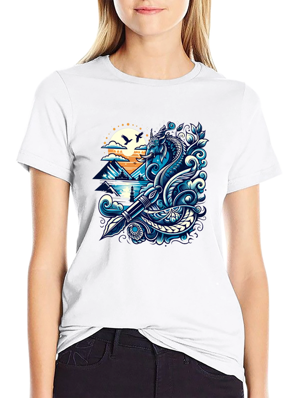Artistic Graphic Tee - Sea Serpent and Quill Design
