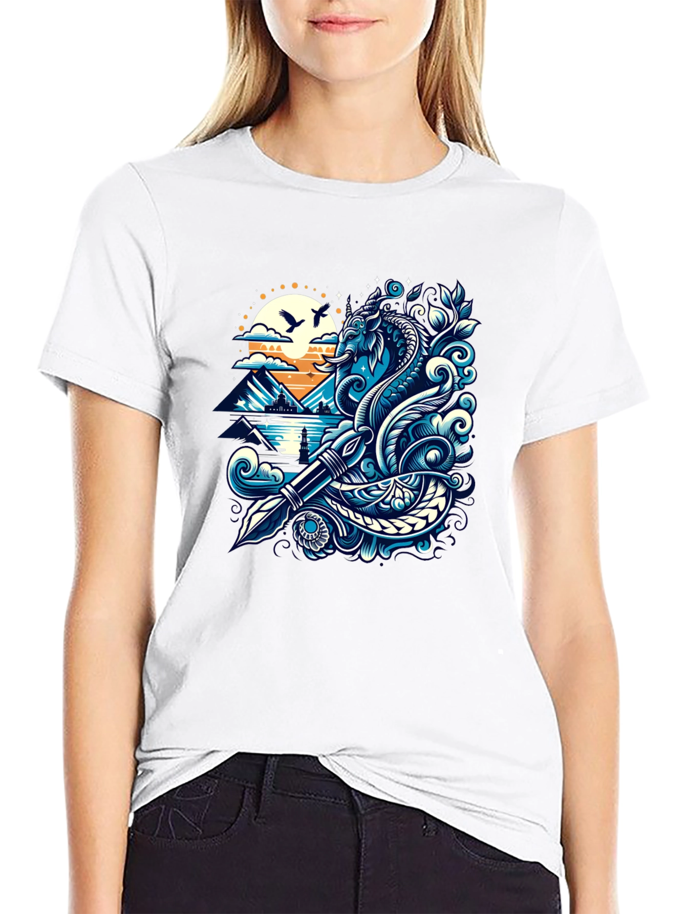 Artistic Graphic Tee - Sea Serpent and Quill Design