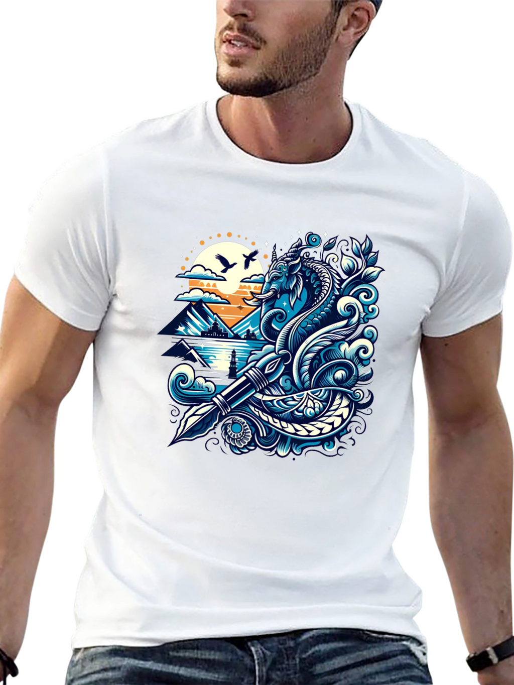 Artistic Graphic Tee - Sea Serpent and Quill Design
