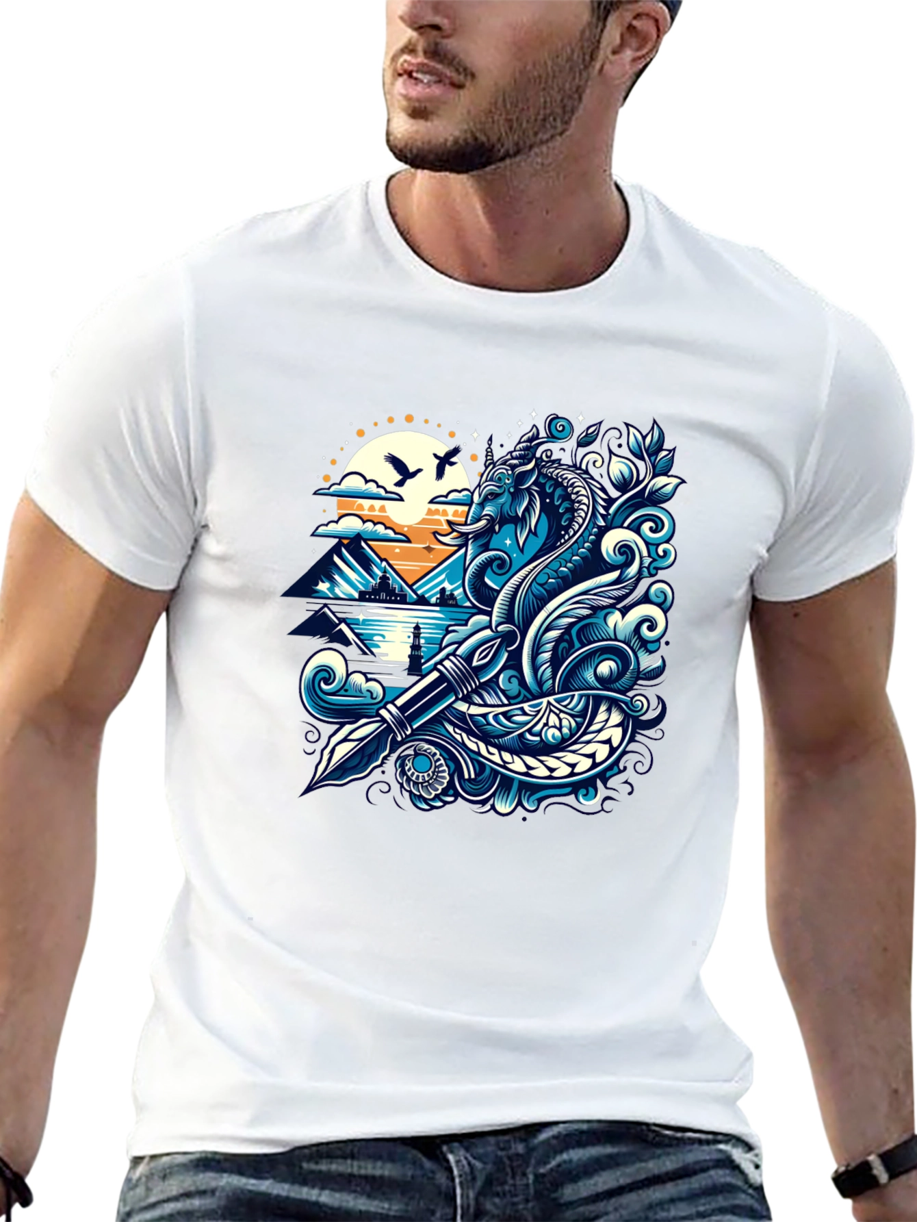 Artistic Graphic Tee - Sea Serpent and Quill Design
