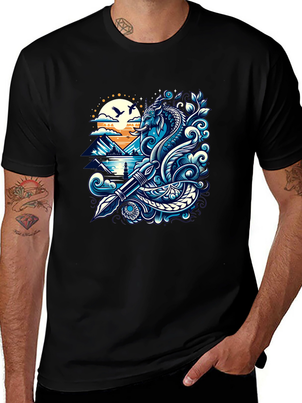 Artistic Graphic Tee - Sea Serpent and Quill Design