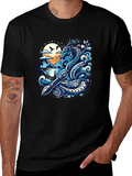 Artistic Graphic Tee - Sea Serpent and Quill Design