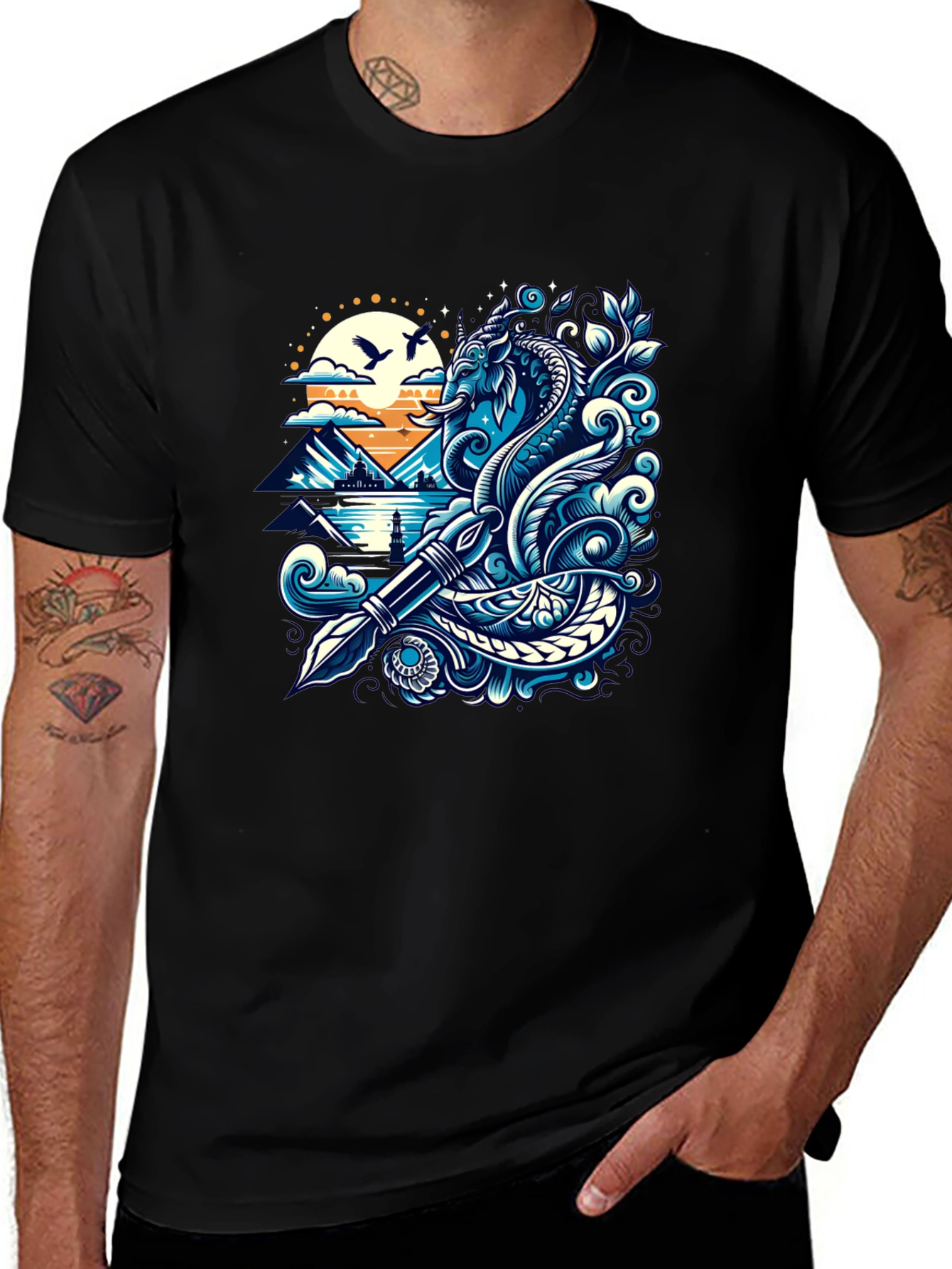 Artistic Graphic Tee - Sea Serpent and Quill Design