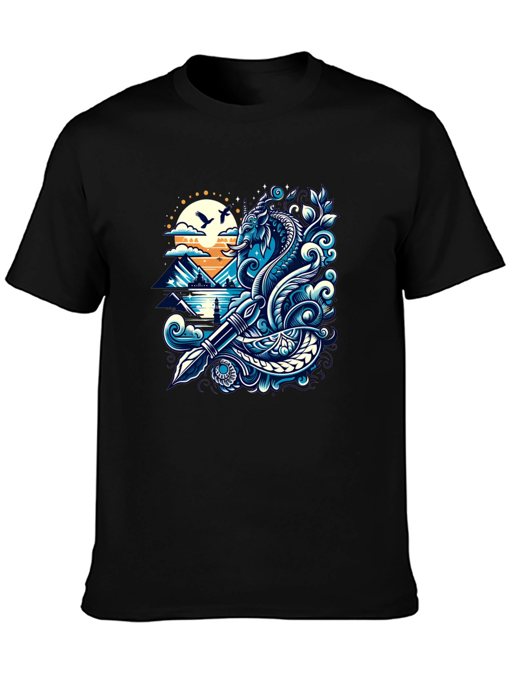 Artistic Graphic Tee - Sea Serpent and Quill Design