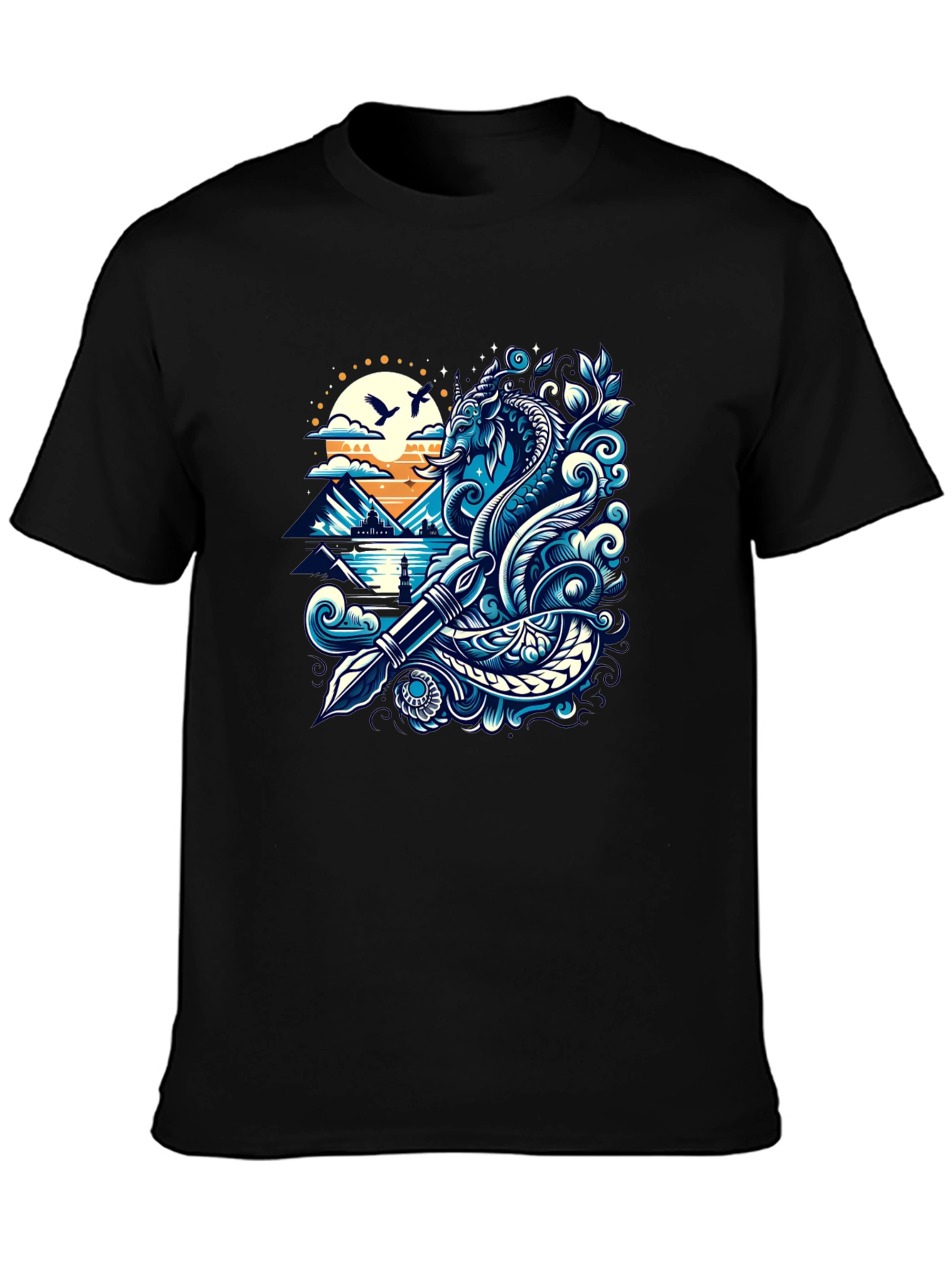 Artistic Graphic Tee - Sea Serpent and Quill Design