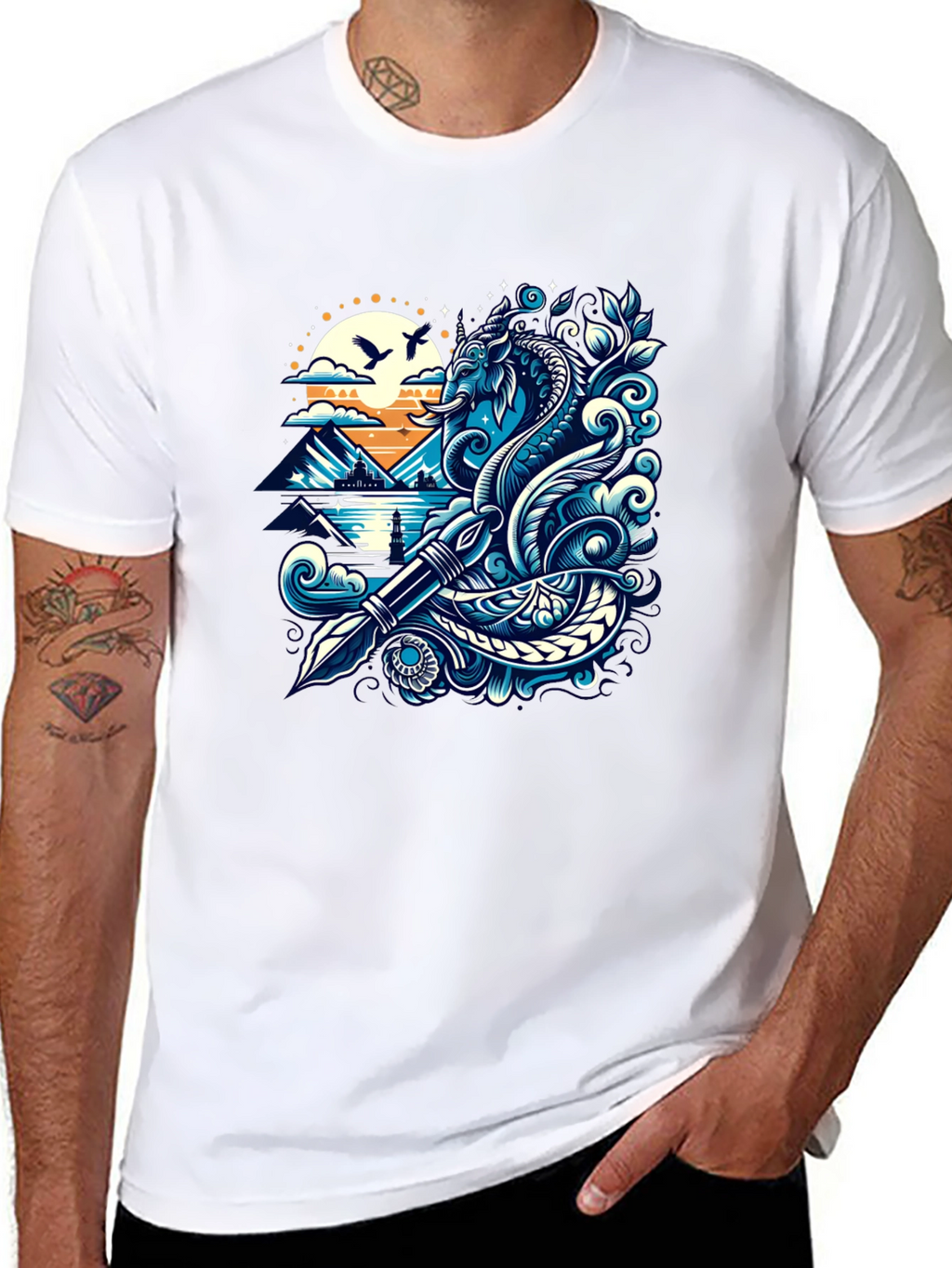 Artistic Graphic Tee - Sea Serpent and Quill Design