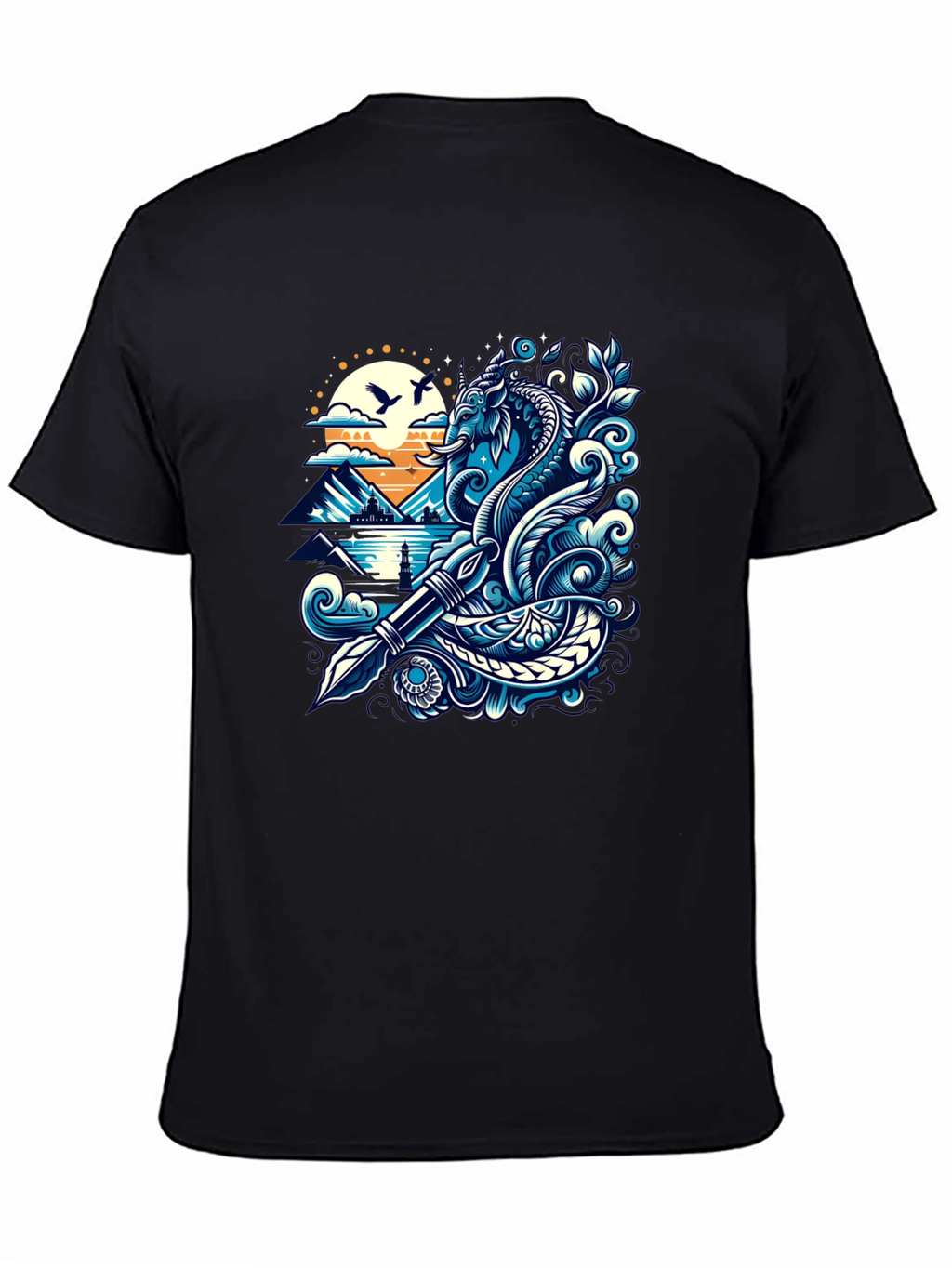 Artistic Graphic Tee - Sea Serpent and Quill Design
