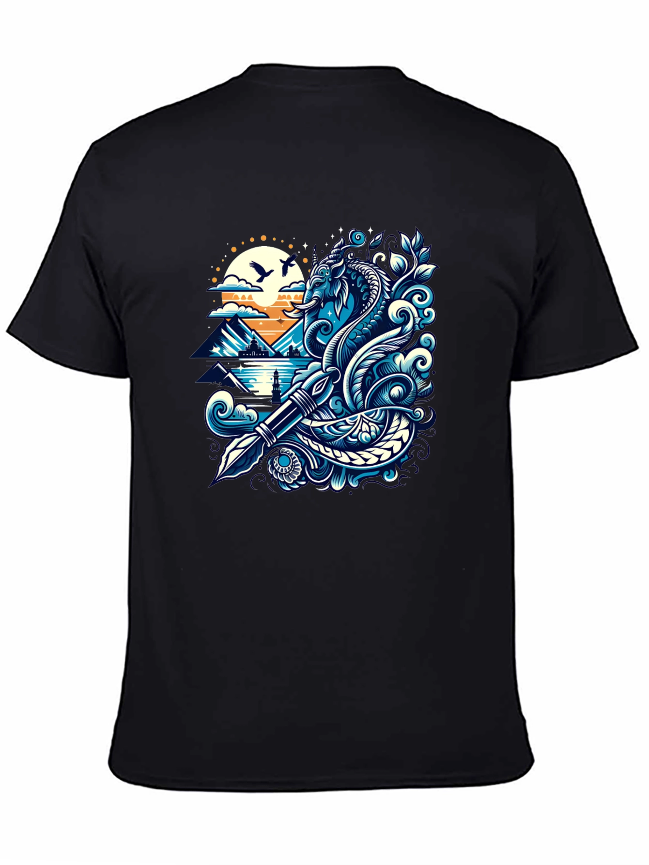 Artistic Graphic Tee - Sea Serpent and Quill Design