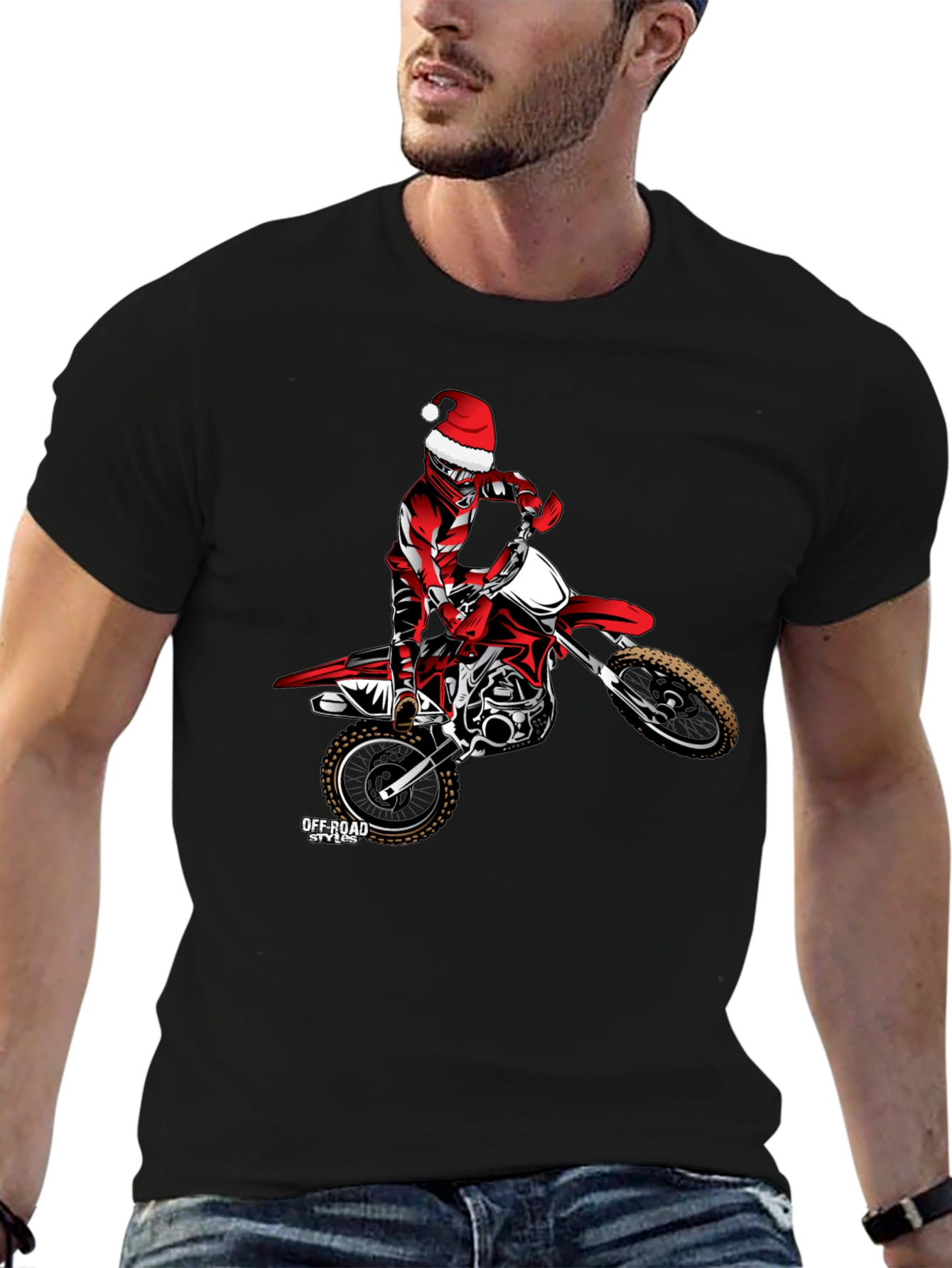 Santa Motocross Rider Black T-Shirt