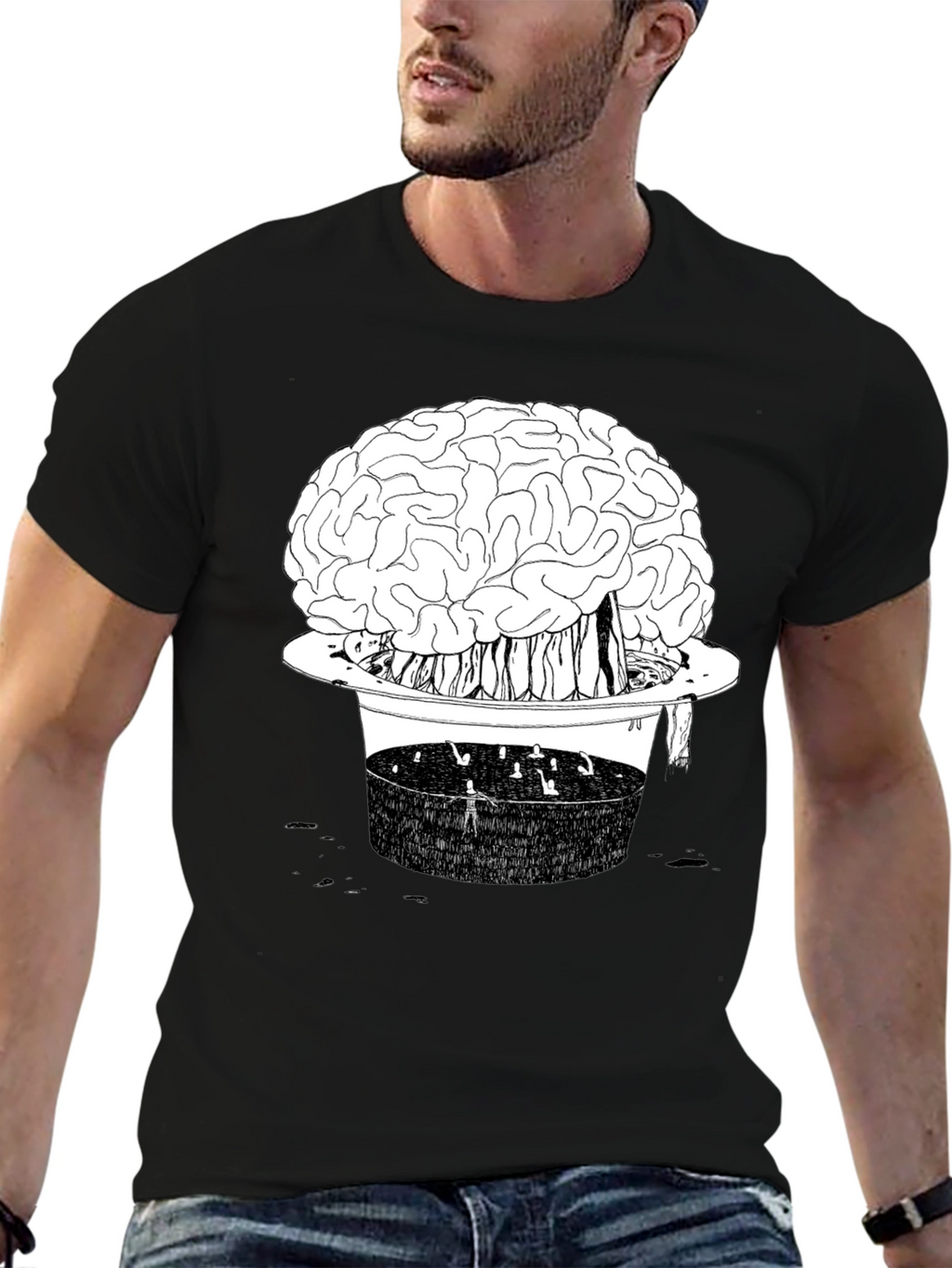 Brain in Hat Graphic T-Shirt - Unique Black Tee