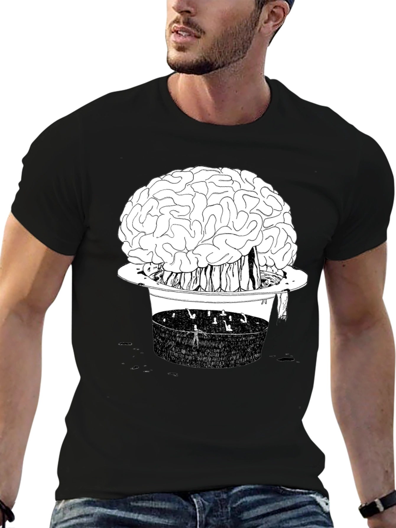 Brain in Hat Graphic T-Shirt - Unique Black Tee
