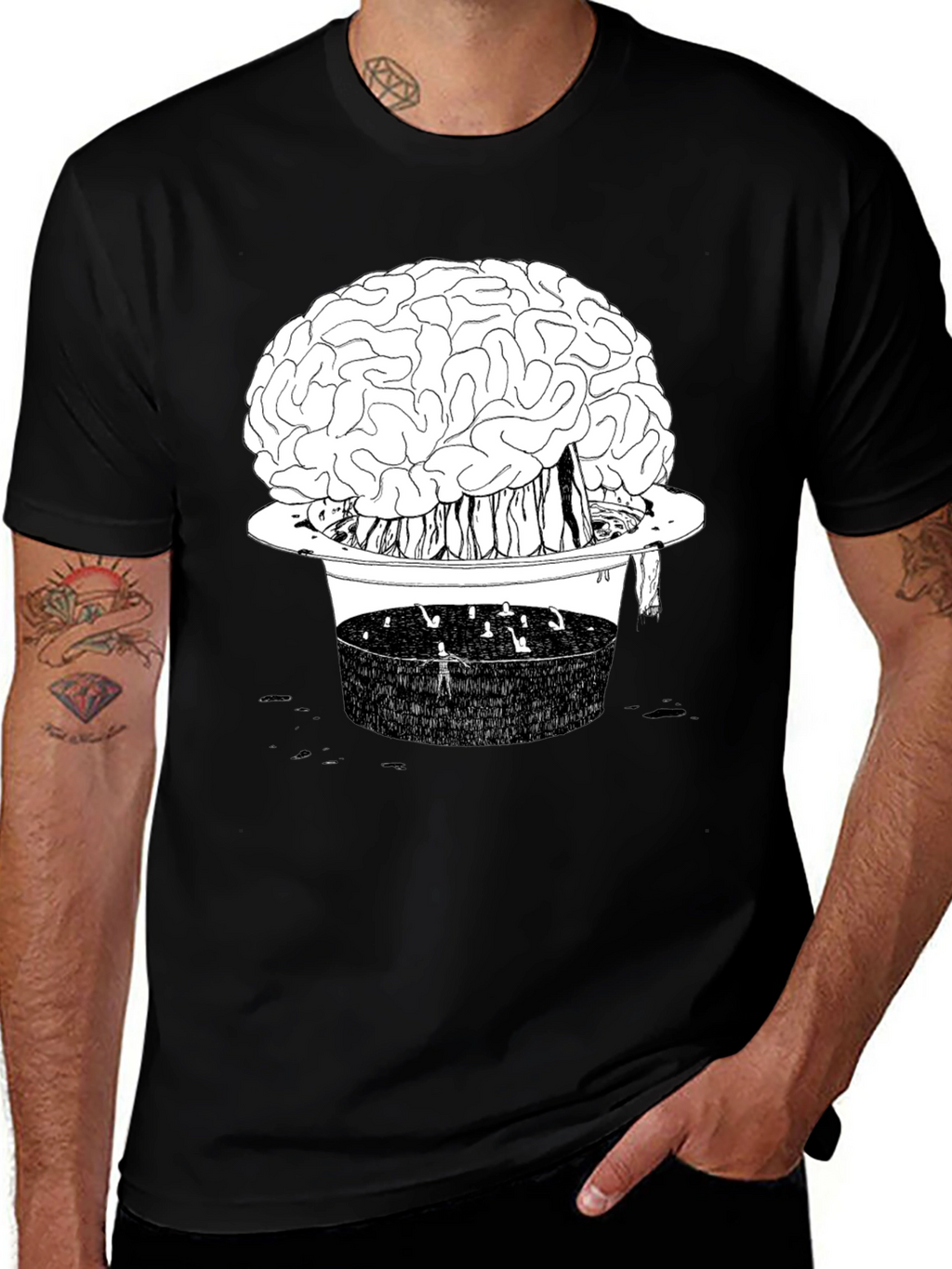 Brain in Hat Graphic T-Shirt - Unique Black Tee